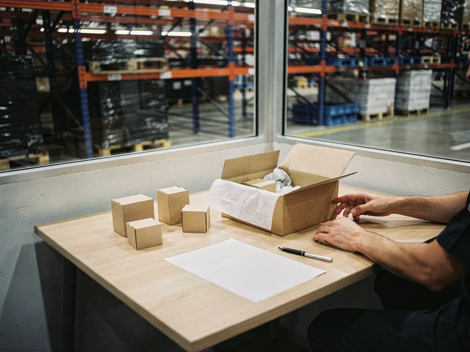 Table de préparation devant les racks: petits cartons kraft, carton ouvert avec papier de soie, mains d’un opérateur.