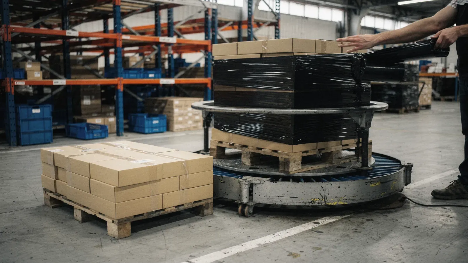 Palette de cartons identiques filmée à la main sur un plateau de banderolage, lot préparé au sol.