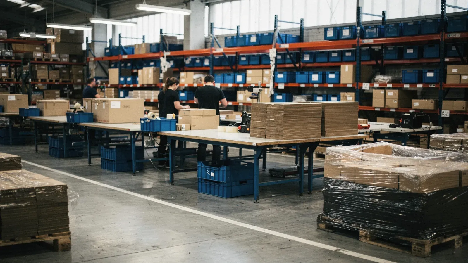 Rangée de tables de préparation, opérateurs de dos montant des cartons, casiers bleus et piles de cartons à plat.