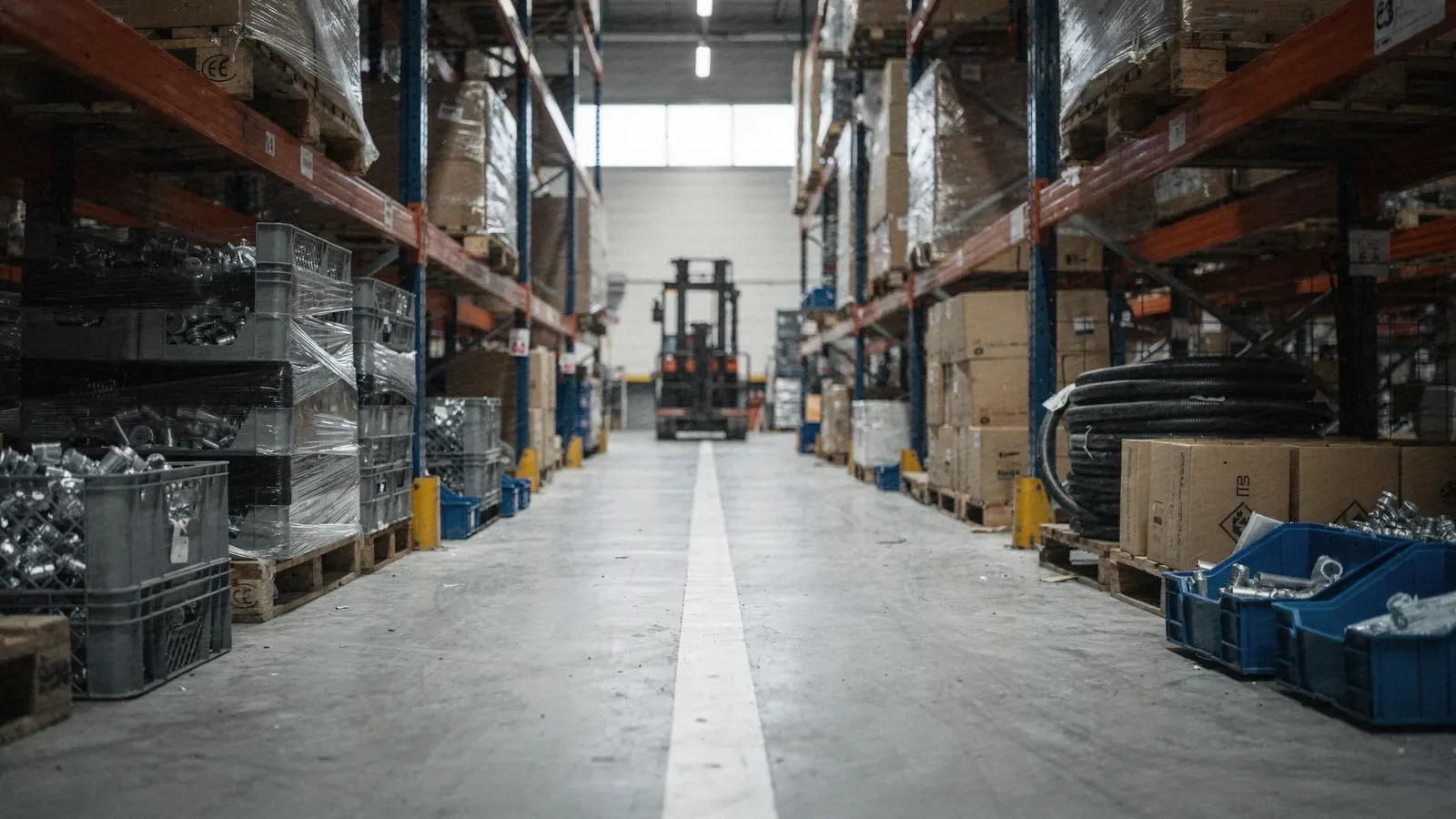 Allée de racks palettes avec pièces industrielles en bacs gris, palettes filmées, chariot élévateur au fond.