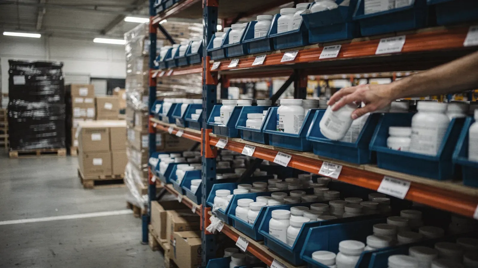 Étagères de stockage sec avec pots blancs de compléments alimentaires, un casier par référence, une main range un pot.