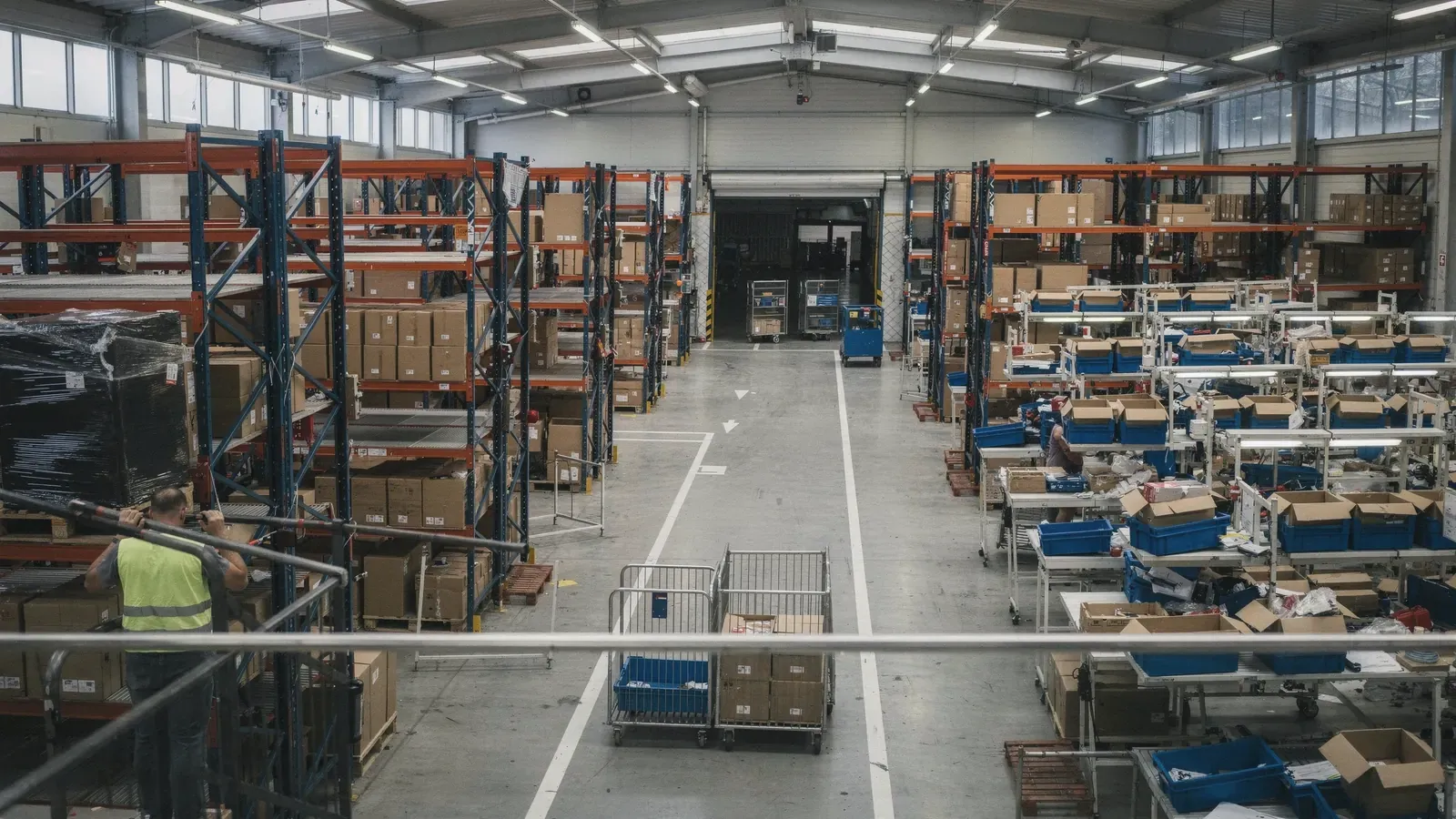 Vue plongeante d'un entrepôt: quai de réception à gauche, allées de racks au centre, tables de préparation avec casiers bleus à droite.