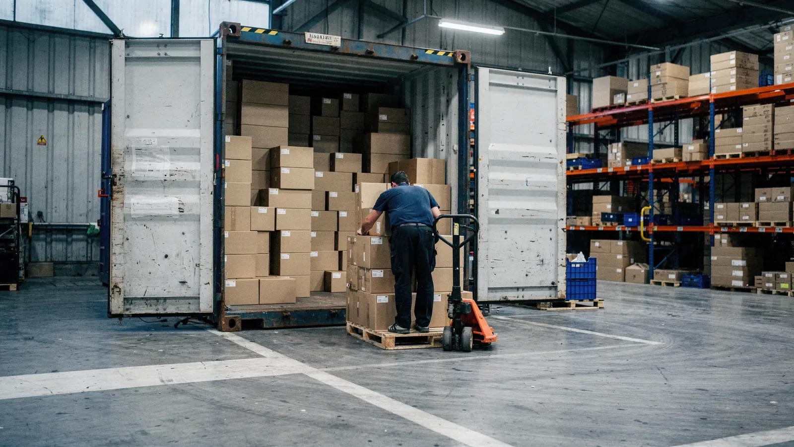 Conteneur maritime ouvert au quai, cartons empilés à l’intérieur, opérateur transférant des cartons sur une palette.